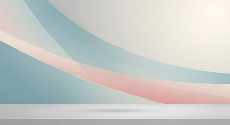 Abstract background with white table and blue and pink wavy lines. 3d renderingの素材