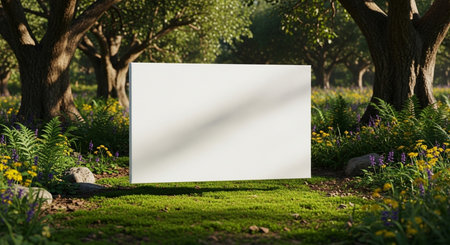 Blank white poster in the garden. 3d render illustration.の素材