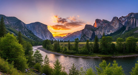 Yosemite National Park, California, USA. Panoramic view of El Capitan and Merced River.の素材