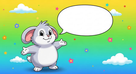 Cute rabbit cartoon with speech bubble on rainbow background - illustration for childrenの素材