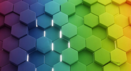 3d rendering of abstract background with hexagons in rainbow colors.の素材