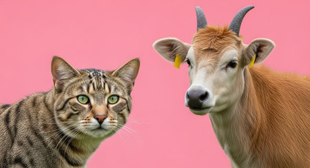 Portrait of a cat and a cow on a pink background.の素材