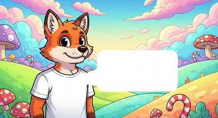 Illustration of a fox holding a blank signboard on a nature backgroundの素材