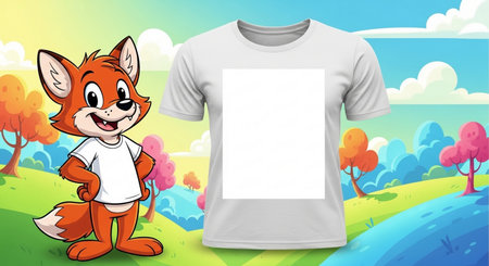 Cute fox cartoon with blank t-shirt on nature background illustrationの素材