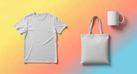 White T-Shirt Mockup, Blank cotton fabric bag and coffee cup on colorful backgroundの素材
