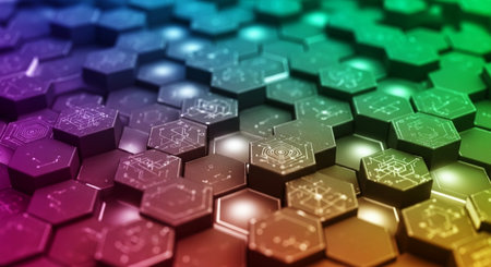 Abstract 3d rendering of chaotic hexagons. Futuristic background design.の素材