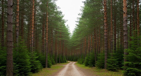 Path in the pine forest. Panoramic view of the coniferous forest.の素材