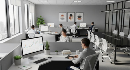 Business people working together in modern office. Teamwork concept. 3D renderingの素材