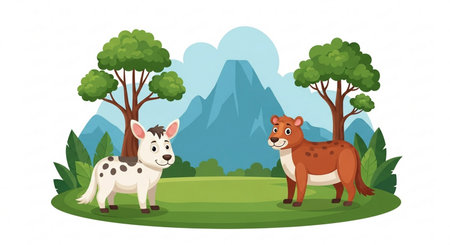Cute cartoon wild animals in the field vector illustration graphic design.の素材