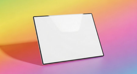 Blank screen tablet computer mockup on colorful background. 3D renderingの素材