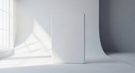 Blank white box mockup on white wall. 3D renderingの素材