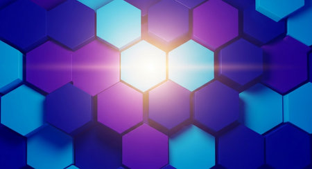 Abstract blue hexagon background with lens flare. 3D Renderingの素材