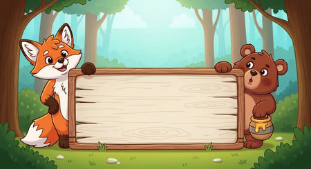 Border template with cute fox and bear in the forest background illustration.の素材