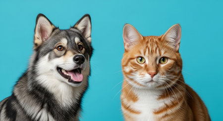 Two cats and dog on a blue background. Close-up.の素材