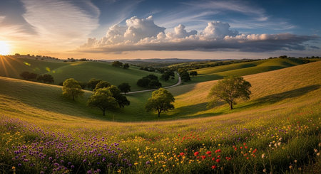 Beautiful sunset in Tuscany, Italy. Panoramic image.の素材