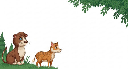 Illustration of a cat and a dog on a white background with space for textの素材