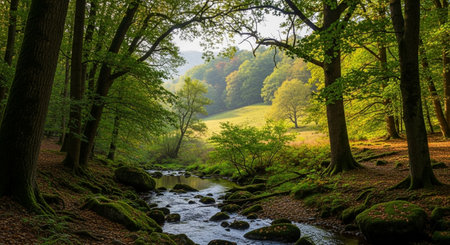 Beautiful autumn landscape in the forest with a river flowing through itの素材