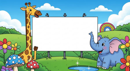 Illustration of a Cute Elephant and a Giraffe with a Blank Signの素材