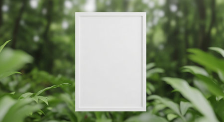 Blank white picture frame mockup in green forest. 3d renderingの素材