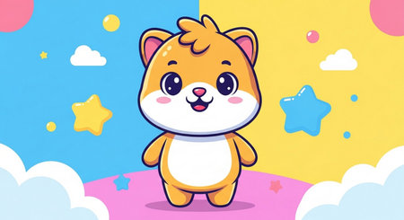 Cute kawaii cartoon cat on colorful background. Vector illustrationの素材