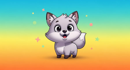 Vector illustration of Cute cartoon wolf on colorful background with stars.の素材