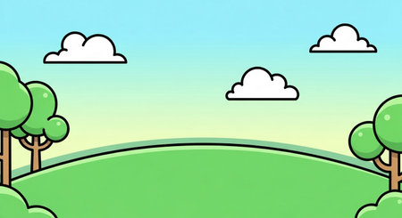 Illustration of a green field with trees and clouds in the skyの素材