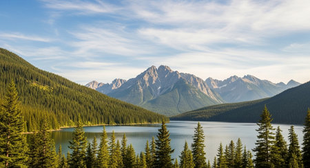 Mountains and lake in Banff National Park, Alberta, Canadaの素材