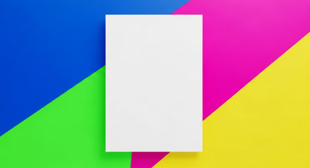 Blank white business card on colorful background. Flat lay, top view.の素材