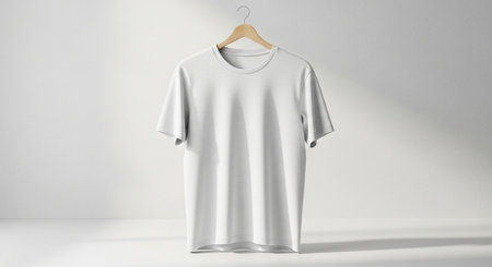 Blank white t-shirt mockup on wooden hanger, 3D renderingの素材