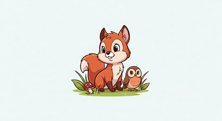 Cute cartoon squirrel with baby and mother on the grass. Vector illustration.の素材