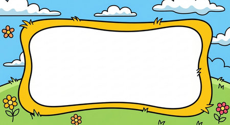 Cartoon frame on the background of the blue sky with clouds and flowersの素材