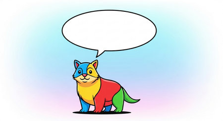 Cartoon cat with speech bubble on blue background. Vector illustration.の素材