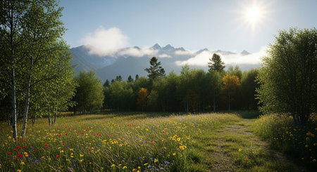 Mountain meadow with colorful flowers and trees in front of the sunの素材