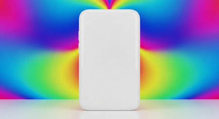 Mobile phone with blank screen on colorful rainbow background. 3d renderの素材
