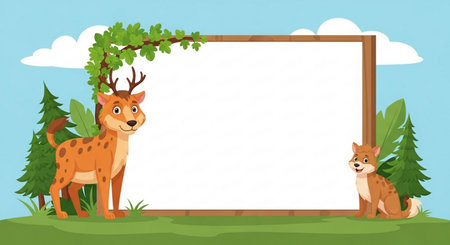Frame template with wild animals in cartoon style. Vector illustration with space for text.の素材
