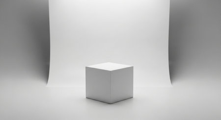 3d rendering of a white cube in front of a white backgroundの素材
