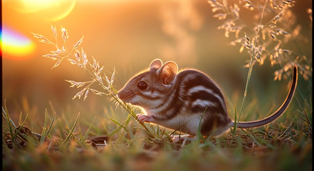 Small mouse in the grass at sunset. Wildlife scene from nature.の素材