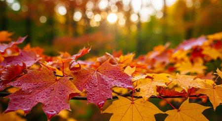 Autumn maple leaves with sunbeams in the background, selective focusの素材