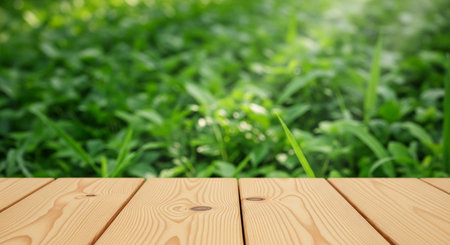 Wooden table top on blurred green grass background with bokeh.の素材