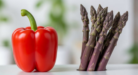Fresh asparagus and red bell pepper on white table, closeupの素材
