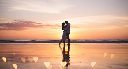 Silhouette of romantic couple kissing on the beach at sunset.の素材