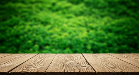 Empty wooden table over blur green nature background, product display montageの素材