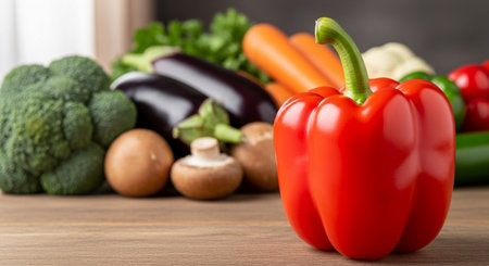 Vegetables on a wooden table. Healthy food background with copy space.の素材