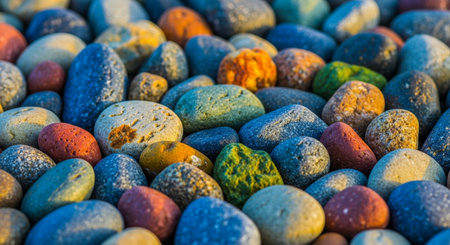 Colorful pebbles on the beach at sunset, close upの素材