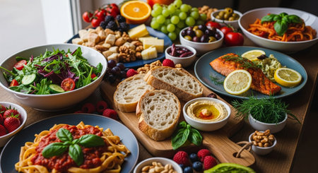 Healthy eating concept. Assortment of food on wooden table.の素材