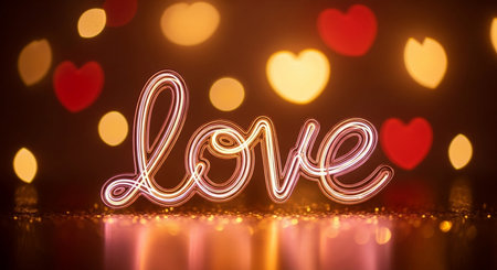 Love lettering on bokeh lights background. Valentine's day concept.の素材