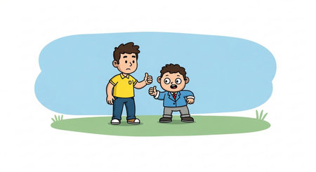 Two boys standing in the grass and showing thumbs up. Vector illustration.の素材