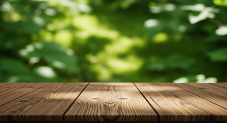 Wooden table top on blurred green foliage background with bokehの素材