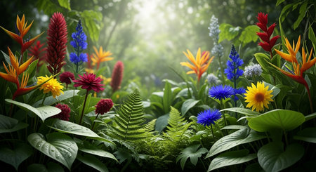 Beautiful flowers in the garden. 3d render. Nature backgroundの素材