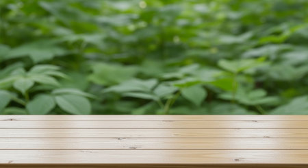Wood table top on blurred green garden background - can be used for display or montage your productsの素材